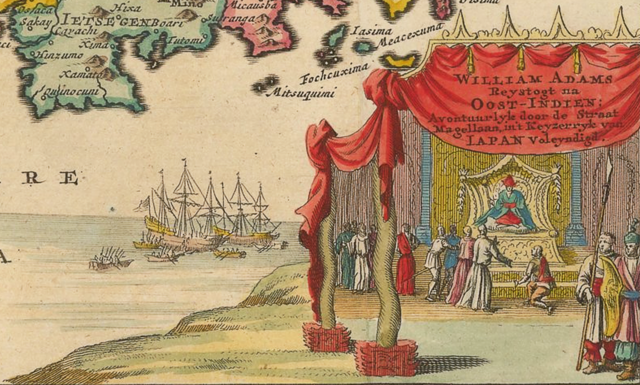 Встреча Уильяма Адамса с Токугавой Иэясу. Изображение на голландской карте 1707 года: https://ru.wikipedia.org/wiki/Адамс,_Уильям_(штурман)#/media/Файл:William_adams_vanderaa.png